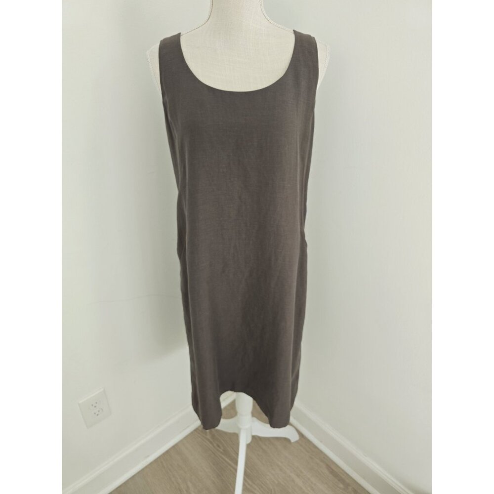 Eileen Fisher Linen Tencel Sleeveless Brown Drapey Scoop Shift Dress S Small - Picture 2 of 13